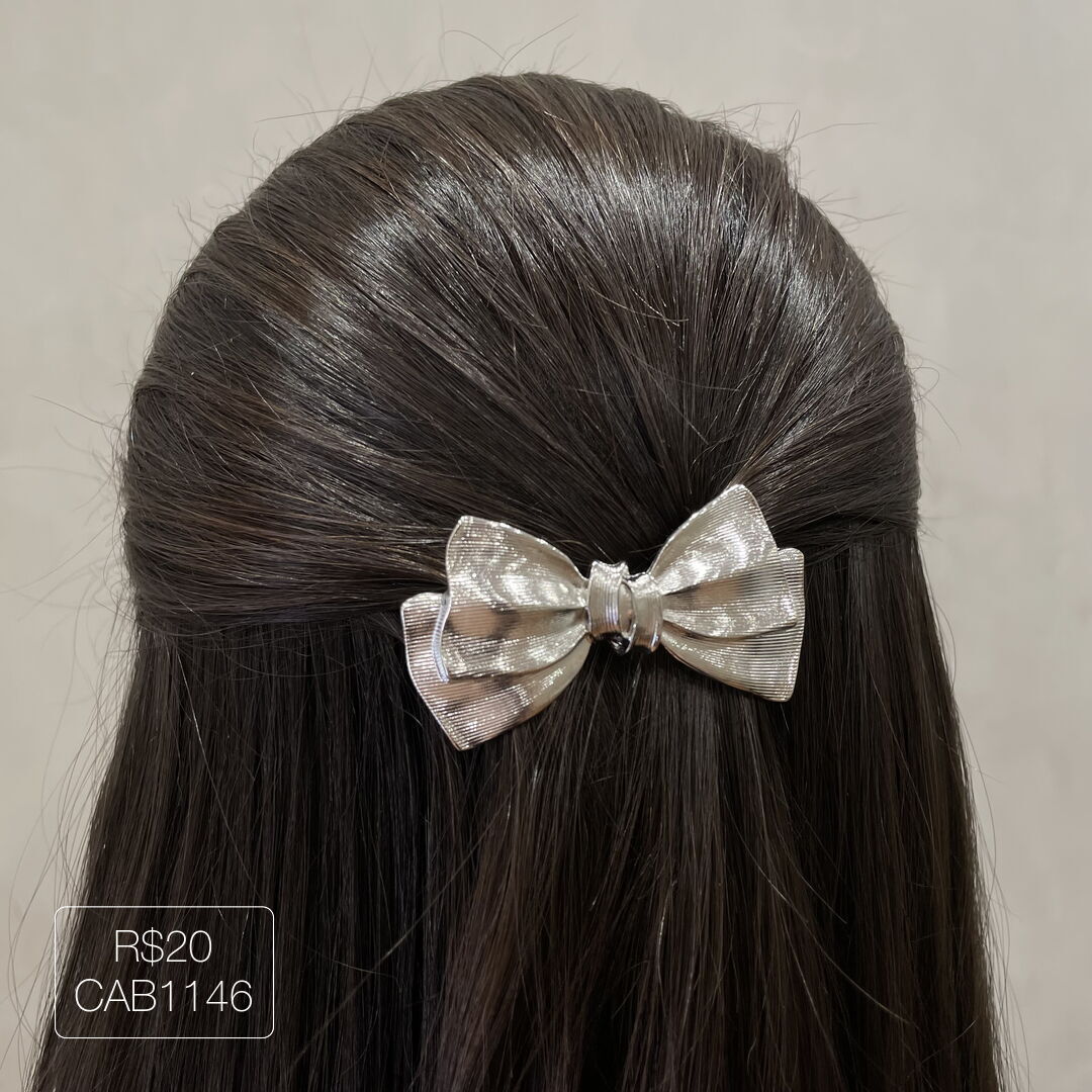 Hair Clip Laço Listrado Liso Prateado